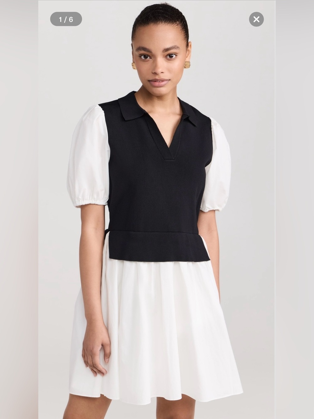 English Factory Puff Sleeve Collared Mixed Media Midi‎ Dress Black White Small